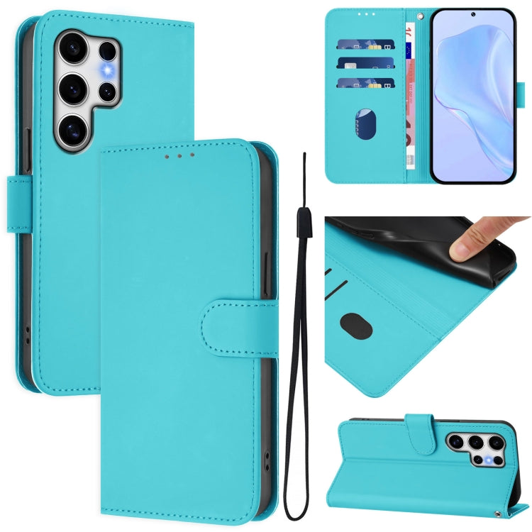 For Samsung Galaxy S25 Ultra 5G Skin Feel Solid Color Leather Phone Case with Lanyard(Lake Blue) by buy2fix