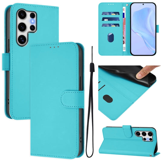 For Samsung Galaxy S25 Ultra 5G Skin Feel Solid Color Leather Phone Case with Lanyard(Lake Blue) by buy2fix