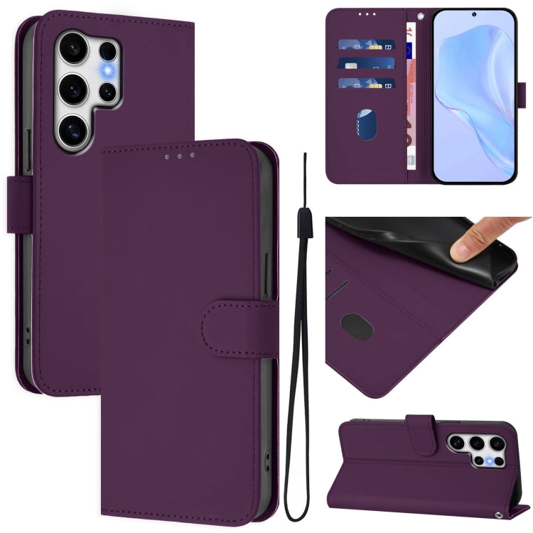 For Samsung Galaxy S25 Ultra 5G Skin Feel Solid Color Leather Phone Case with Lanyard(Violet) by buy2fix