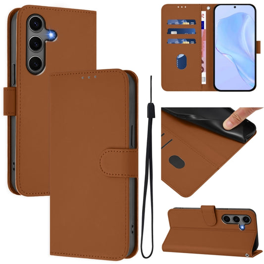 For Samsung Galaxy S25+ 5G Skin Feel Solid Color Leather Phone Case with Lanyard(Brown) - Galaxy S25+ 5G Cases by buy2fix | Online Shopping UK | buy2fix