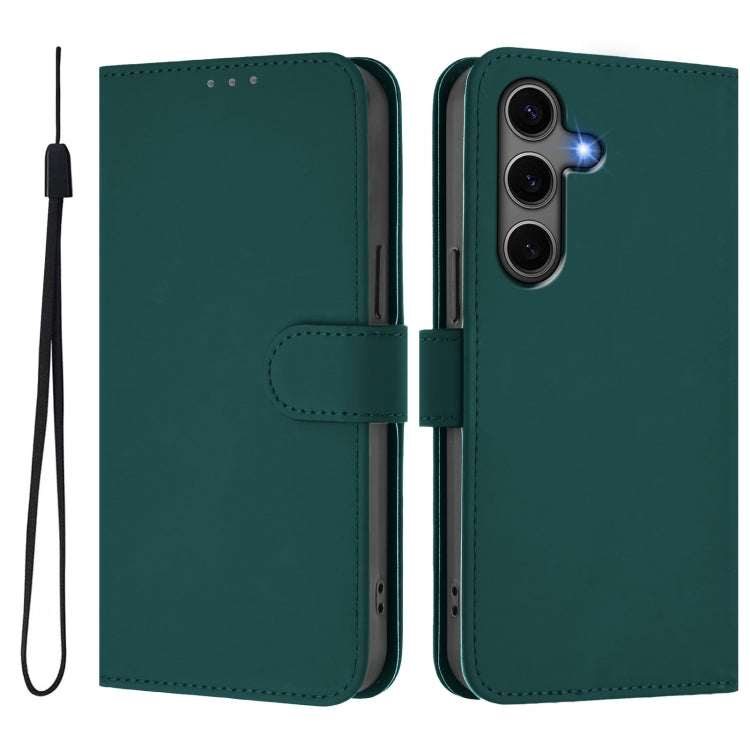 For Samsung Galaxy S25+ 5G Skin Feel Solid Color Leather Phone Case with Lanyard(Dark Green) - Galaxy S25+ 5G Cases by buy2fix | Online Shopping UK | buy2fix