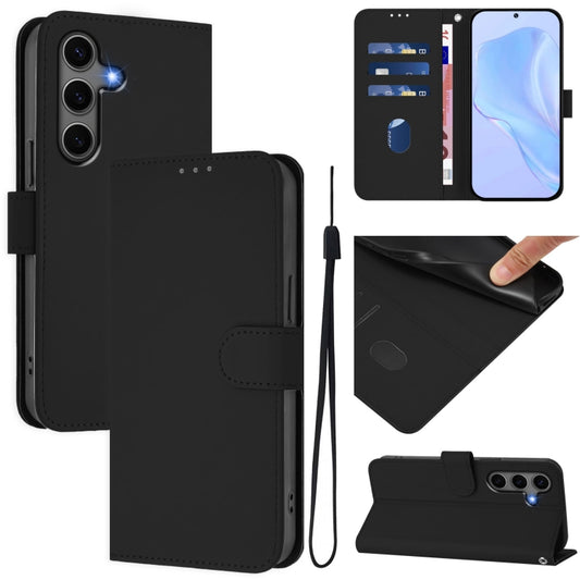 For Samsung Galaxy S25+ 5G Skin Feel Solid Color Leather Phone Case with Lanyard(Black) - Galaxy S25+ 5G Cases by buy2fix | Online Shopping UK | buy2fix