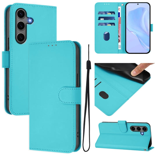 For Samsung Galaxy S25+ 5G Skin Feel Solid Color Leather Phone Case with Lanyard(Lake Blue) - Galaxy S25+ 5G Cases by buy2fix | Online Shopping UK | buy2fix
