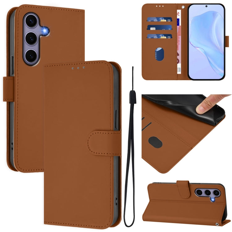 For Samsung Galaxy S25 5G Skin Feel Solid Color Leather Phone Case with Lanyard(Brown) by buy2fix