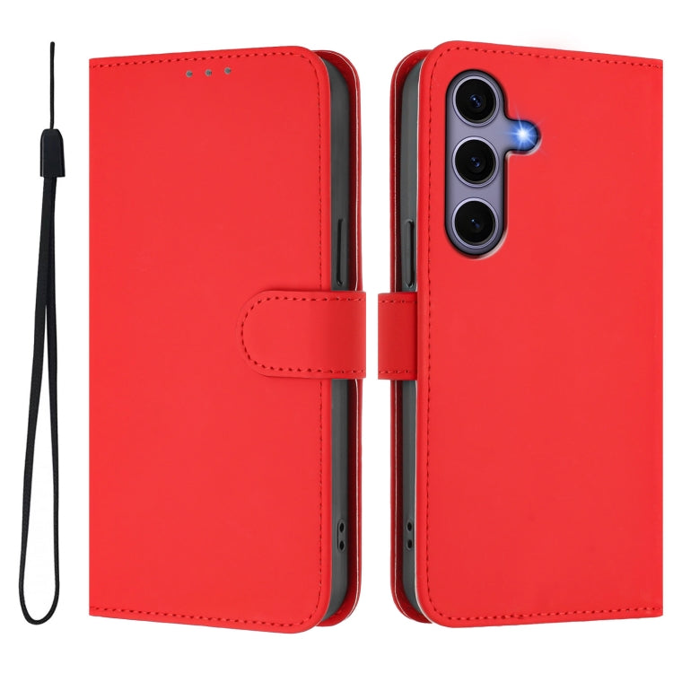 For Samsung Galaxy S25 5G Skin Feel Solid Color Leather Phone Case with Lanyard(Red) by buy2fix