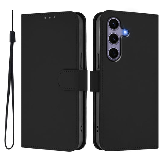 For Samsung Galaxy S25 5G Skin Feel Solid Color Leather Phone Case with Lanyard(Black) by buy2fix