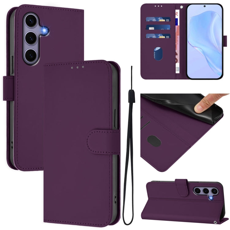 For Samsung Galaxy S25 5G Skin Feel Solid Color Leather Phone Case with Lanyard(Violet) by buy2fix