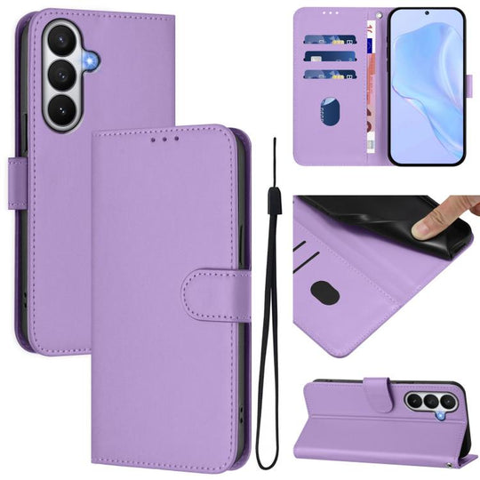For Samsung Galaxy S26 5G Skin Feel Solid Color Leather Phone Case with Lanyard(Lavender Purple)