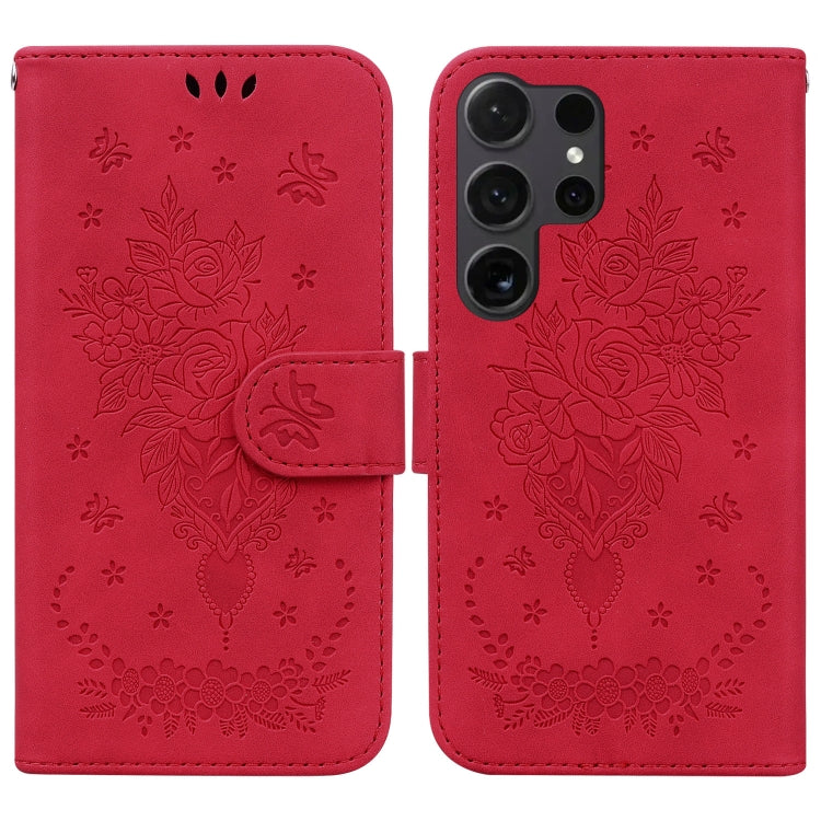 For Samsung Galaxy S25 Ultra 5G Butterfly Rose Embossed Leather Phone Case(Red) by buy2fix