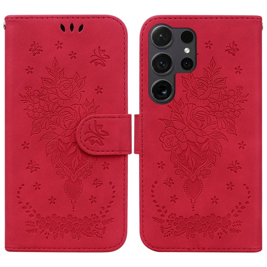 For Samsung Galaxy S25 Ultra 5G Butterfly Rose Embossed Leather Phone Case(Red) by buy2fix