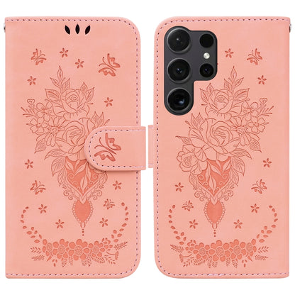 For Samsung Galaxy S25 Ultra 5G Butterfly Rose Embossed Leather Phone Case(Pink) by buy2fix