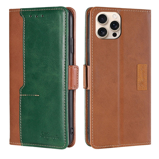 For iPhone 16 Pro Max Contrast Color Side Buckle Leather Phone Case(Light Brown + Green) by buy2fix