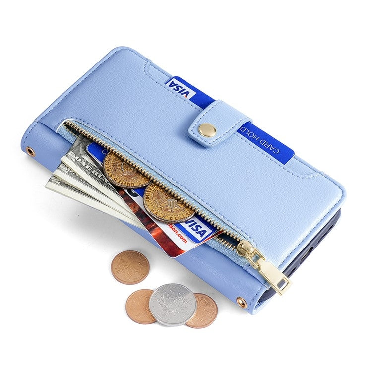 For iPhone 16 Sheep Texture Cross-body Zipper Wallet Leather Phone Case(Blue) - iPhone 16 Cases by buy2fix | Online Shopping UK | buy2fix