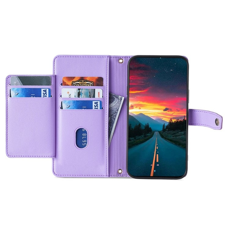 For iPhone 16 Sheep Texture Cross-body Zipper Wallet Leather Phone Case(Purple) - iPhone 16 Cases by buy2fix | Online Shopping UK | buy2fix