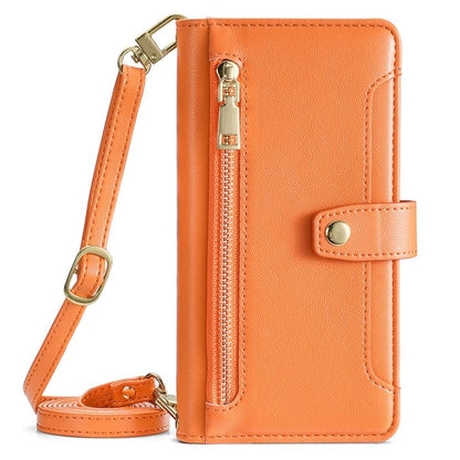 For iPhone 16 Plus Sheep Texture Cross-body Zipper Wallet Leather Phone Case(Orange) - iPhone 16 Plus Cases by buy2fix | Online Shopping UK | buy2fix