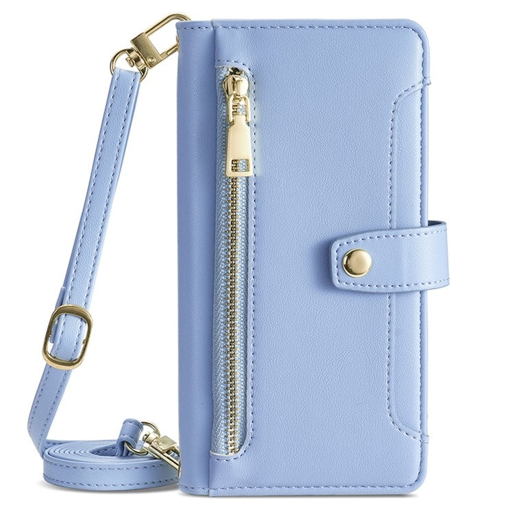 For iPhone 16 Plus Sheep Texture Cross-body Zipper Wallet Leather Phone Case(Blue) - iPhone 16 Plus Cases by buy2fix | Online Shopping UK | buy2fix