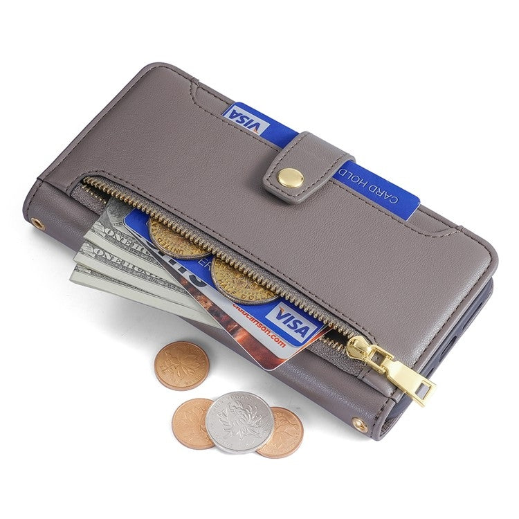 For iPhone 16 Plus Sheep Texture Cross-body Zipper Wallet Leather Phone Case(Grey) - iPhone 16 Plus Cases by buy2fix | Online Shopping UK | buy2fix