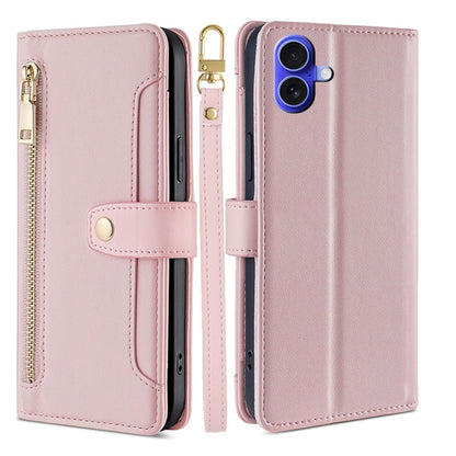 For iPhone 16 Plus Sheep Texture Cross-body Zipper Wallet Leather Phone Case(Pink) - iPhone 16 Plus Cases by buy2fix | Online Shopping UK | buy2fix