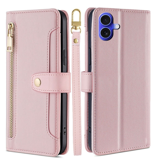 For iPhone 16 Plus Sheep Texture Cross-body Zipper Wallet Leather Phone Case(Pink) - iPhone 16 Plus Cases by buy2fix | Online Shopping UK | buy2fix