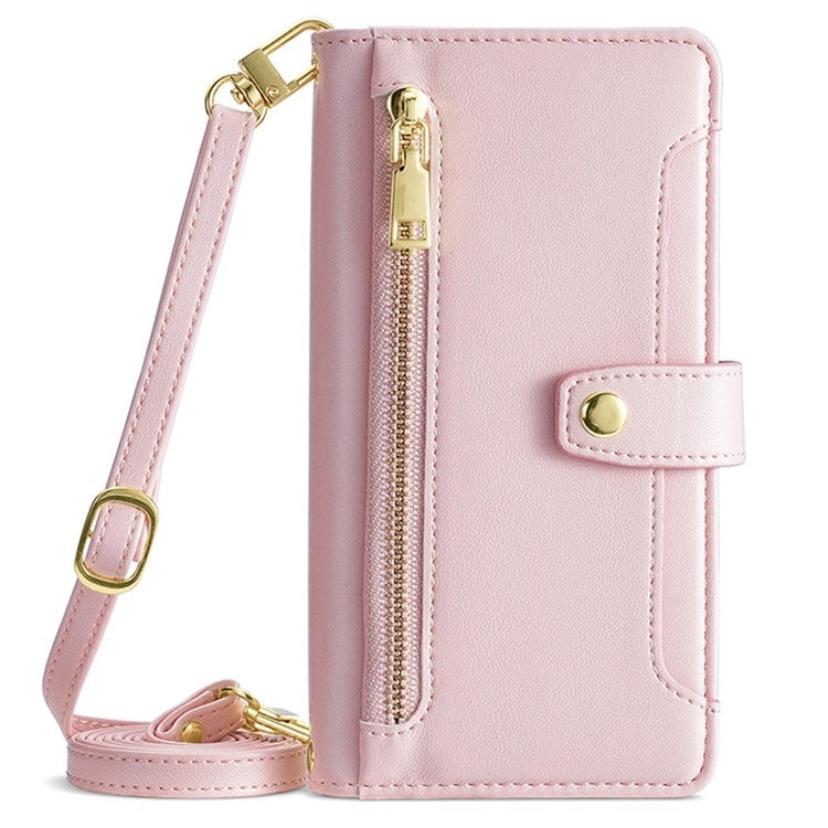 For iPhone 16 Plus Sheep Texture Cross-body Zipper Wallet Leather Phone Case(Pink) - iPhone 16 Plus Cases by buy2fix | Online Shopping UK | buy2fix