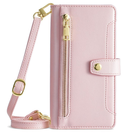 For iPhone 16 Plus Sheep Texture Cross-body Zipper Wallet Leather Phone Case(Pink) - iPhone 16 Plus Cases by buy2fix | Online Shopping UK | buy2fix