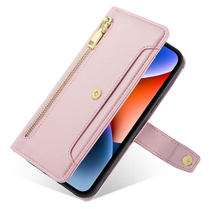For iPhone 16 Plus Sheep Texture Cross-body Zipper Wallet Leather Phone Case(Pink) - iPhone 16 Plus Cases by buy2fix | Online Shopping UK | buy2fix
