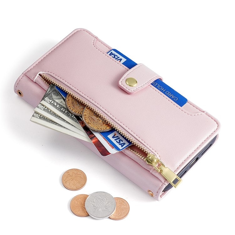 For iPhone 16 Plus Sheep Texture Cross-body Zipper Wallet Leather Phone Case(Pink) - iPhone 16 Plus Cases by buy2fix | Online Shopping UK | buy2fix