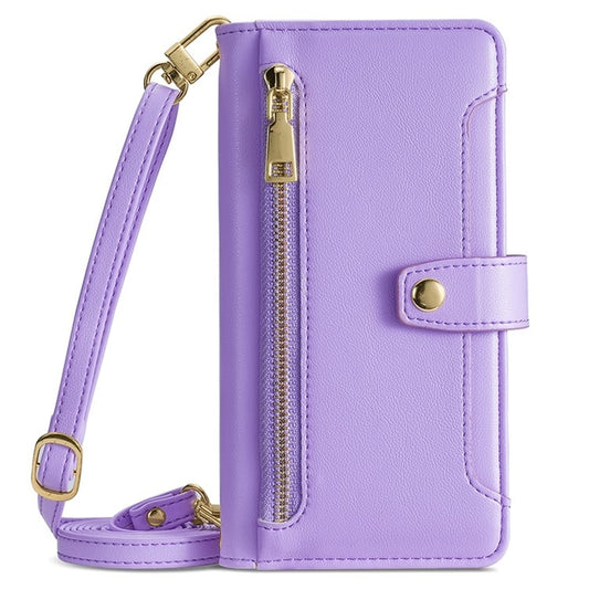 For iPhone 16 Plus Sheep Texture Cross-body Zipper Wallet Leather Phone Case(Purple) - iPhone 16 Plus Cases by buy2fix | Online Shopping UK | buy2fix