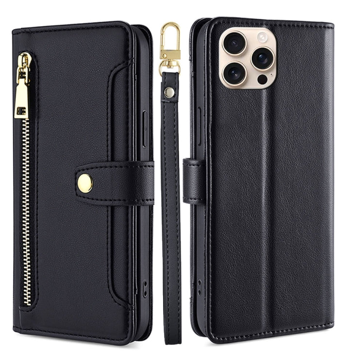 For iPhone 16 Pro Sheep Texture Cross-body Zipper Wallet Leather Phone Case(Black) - iPhone 16 Pro Cases by buy2fix | Online Shopping UK | buy2fix