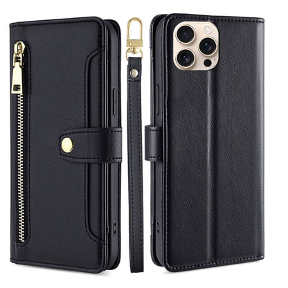 For iPhone 16 Pro Sheep Texture Cross-body Zipper Wallet Leather Phone Case(Black) - iPhone 16 Pro Cases by buy2fix | Online Shopping UK | buy2fix