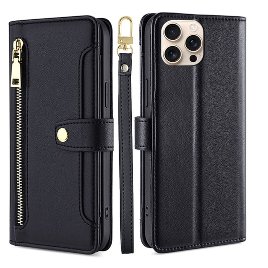 For iPhone 16 Pro Sheep Texture Cross-body Zipper Wallet Leather Phone Case(Black) - iPhone 16 Pro Cases by buy2fix | Online Shopping UK | buy2fix