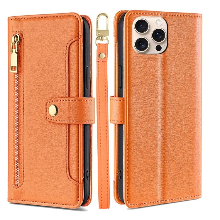For iPhone 16 Pro Sheep Texture Cross-body Zipper Wallet Leather Phone Case(Orange) - iPhone 16 Pro Cases by buy2fix | Online Shopping UK | buy2fix