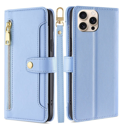 For iPhone 16 Pro Sheep Texture Cross-body Zipper Wallet Leather Phone Case(Blue) by buy2fix