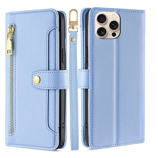 For iPhone 16 Pro Sheep Texture Cross-body Zipper Wallet Leather Phone Case(Blue) by buy2fix