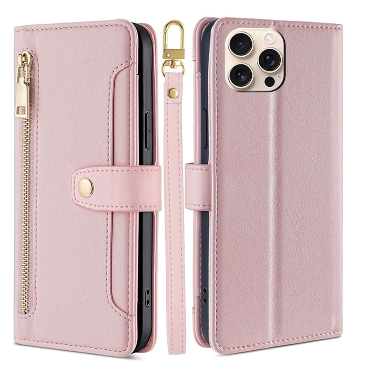 For iPhone 16 Pro Sheep Texture Cross-body Zipper Wallet Leather Phone Case(Pink) - iPhone 16 Pro Cases by buy2fix | Online Shopping UK | buy2fix