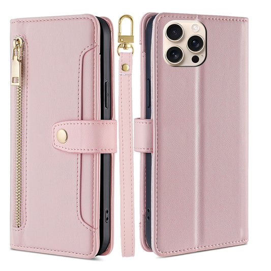 For iPhone 16 Pro Sheep Texture Cross-body Zipper Wallet Leather Phone Case(Pink) - iPhone 16 Pro Cases by buy2fix | Online Shopping UK | buy2fix