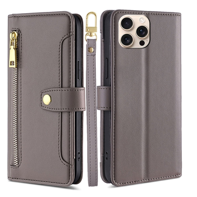 For iPhone 16 Pro Max Sheep Texture Cross-body Zipper Wallet Leather Phone Case(Grey) - iPhone 16 Pro Max Cases by buy2fix | Online Shopping UK | buy2fix