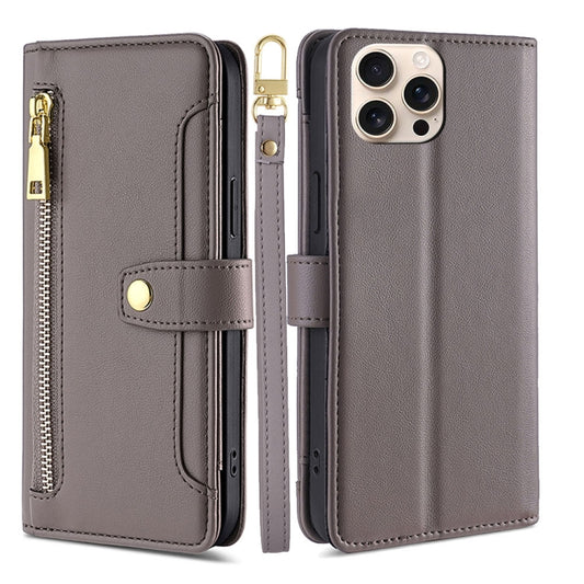 For iPhone 16 Pro Max Sheep Texture Cross-body Zipper Wallet Leather Phone Case(Grey) - iPhone 16 Pro Max Cases by buy2fix | Online Shopping UK | buy2fix
