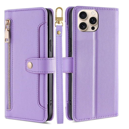 For iPhone 16 Pro Max Sheep Texture Cross-body Zipper Wallet Leather Phone Case(Purple) - iPhone 16 Pro Max Cases by buy2fix | Online Shopping UK | buy2fix
