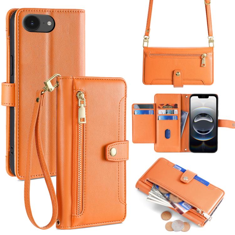 For iPhone 16e Sheep Texture Cross-body Zipper Wallet Leather Phone Case(Orange) - iPhone 16e Cases by buy2fix | Online Shopping UK | buy2fix