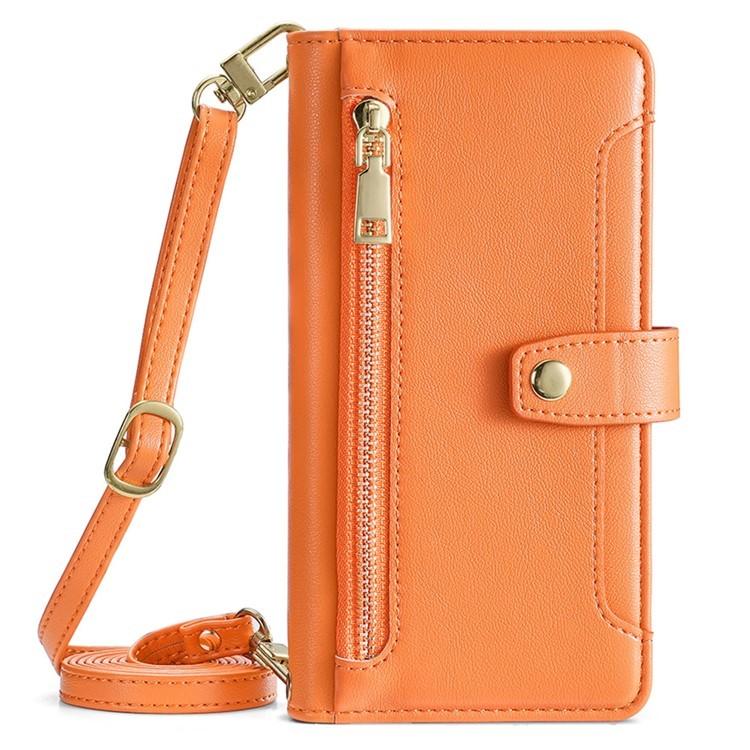 For iPhone 16e Sheep Texture Cross-body Zipper Wallet Leather Phone Case(Orange) - iPhone 16e Cases by buy2fix | Online Shopping UK | buy2fix