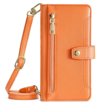 For iPhone 16e Sheep Texture Cross-body Zipper Wallet Leather Phone Case(Orange) - iPhone 16e Cases by buy2fix | Online Shopping UK | buy2fix
