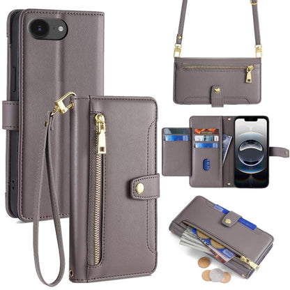 For iPhone 16e Sheep Texture Cross-body Zipper Wallet Leather Phone Case(Grey) - iPhone 16e Cases by buy2fix | Online Shopping UK | buy2fix