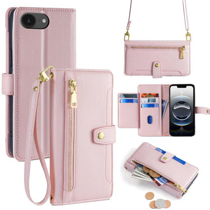 For iPhone 16e Sheep Texture Cross-body Zipper Wallet Leather Phone Case(Pink) - iPhone 16e Cases by buy2fix | Online Shopping UK | buy2fix