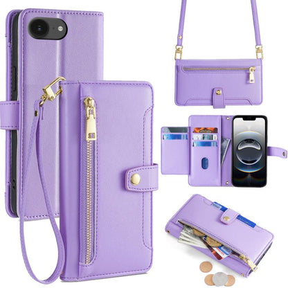 For iPhone 16e Sheep Texture Cross-body Zipper Wallet Leather Phone Case(Purple) - iPhone 16e Cases by buy2fix | Online Shopping UK | buy2fix
