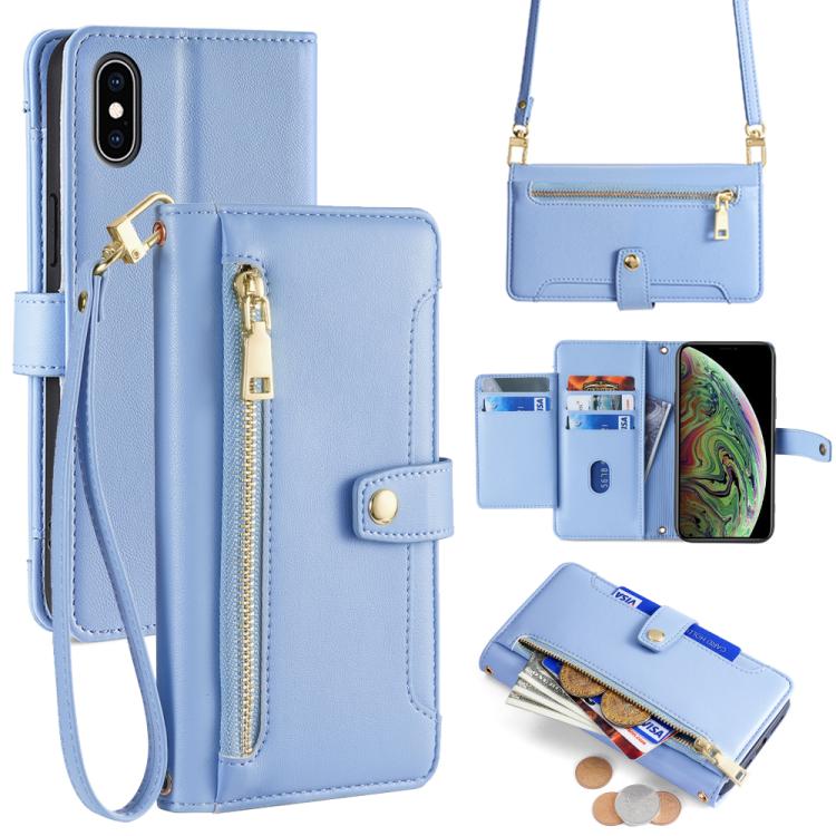 For iPhone XS Max Sheep Texture Cross-body Zipper Wallet Leather Phone Case(Blue) - More iPhone Cases by buy2fix | Online Shopping UK | buy2fix