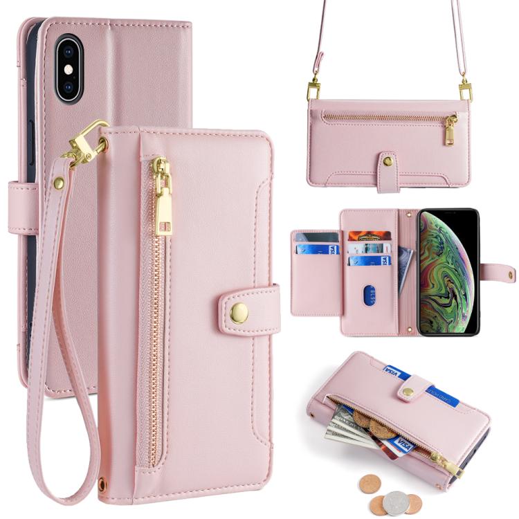 For iPhone XS Max Sheep Texture Cross-body Zipper Wallet Leather Phone Case(Pink) - More iPhone Cases by buy2fix | Online Shopping UK | buy2fix