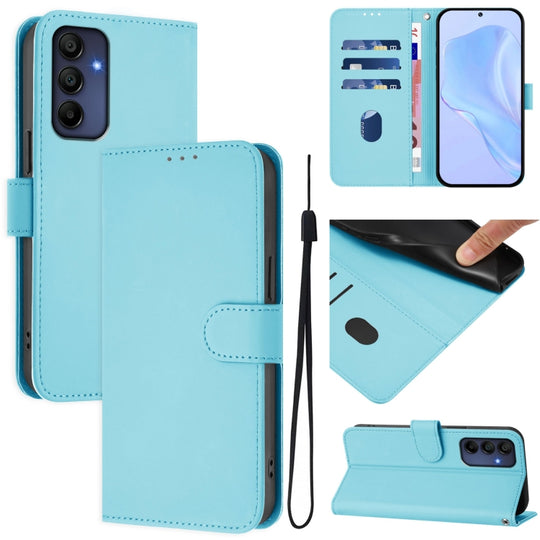 For Samsung Galaxy A16 5G / 4G Skin Feel Solid Color Leather Phone Case with Lanyard(Sky Blue)