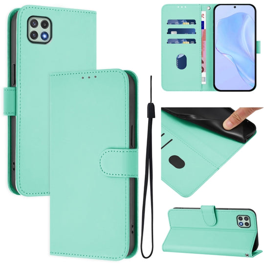 For Samsung Galaxy A22 5G / F42 5G Skin Feel Solid Color Leather Phone Case with Lanyard(Mint Green)