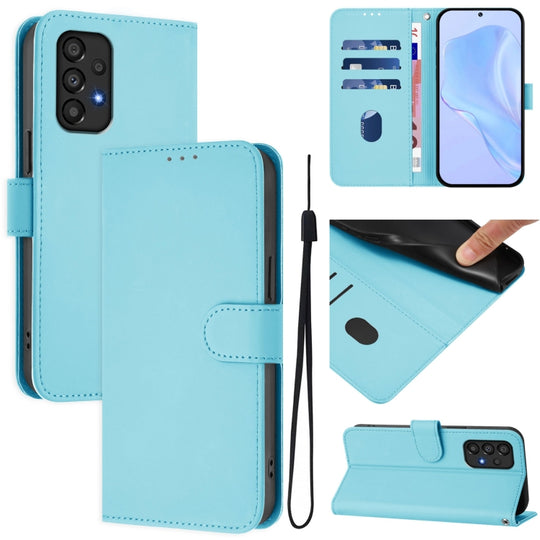 For Samsung Galaxy A33 5G Skin Feel Solid Color Leather Phone Case with Lanyard(Sky Blue)